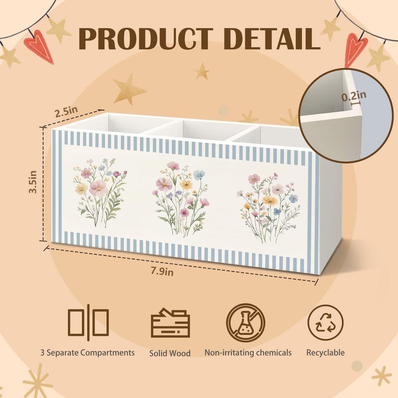 KBRCT Retro Pastel Flower Wooden Utensils Holder, Cottagecore Nature Wildflower Blue Striped Wood Cooking Utensil Holder Organizer for Kitchen Countertop Counter Decor - Image 3